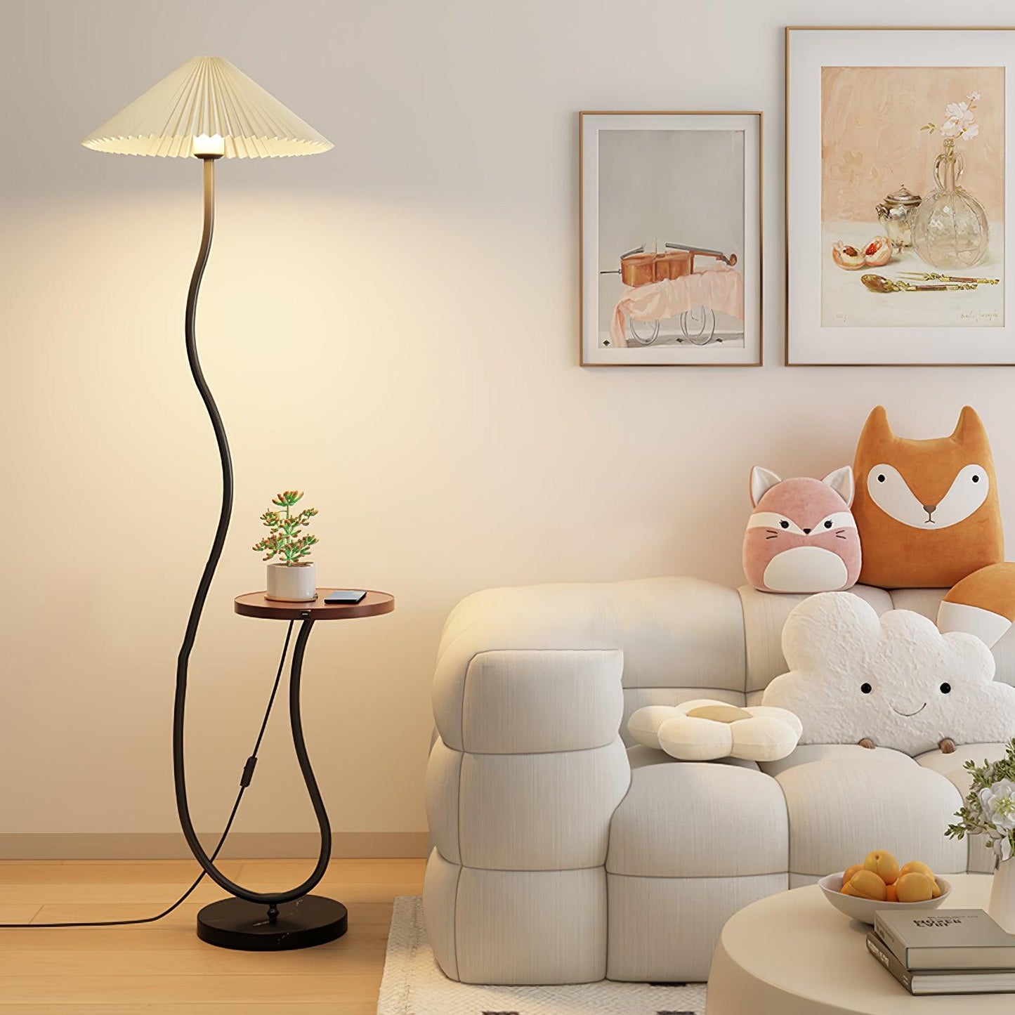 Curvatura Floor Lamp with Wooden Base and Fabric Shade