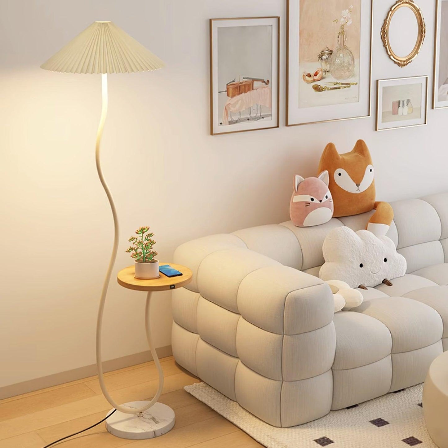 Curvatura Floor Lamp with Wooden Base and Fabric Shade