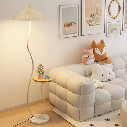 Curvatura Floor Lamp with Wooden Base and Fabric Shade