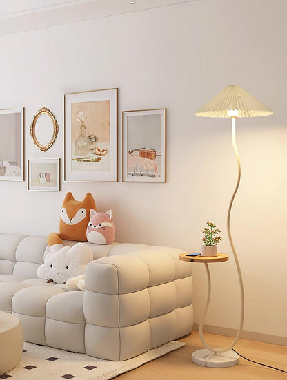 Curvatura Floor Lamp with Wooden Base and Fabric Shade