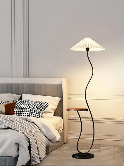 Curvatura Floor Lamp with Wooden Base and Fabric Shade