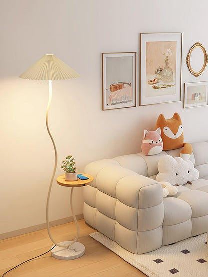 Curvatura Floor Lamp with Wooden Base and Fabric Shade