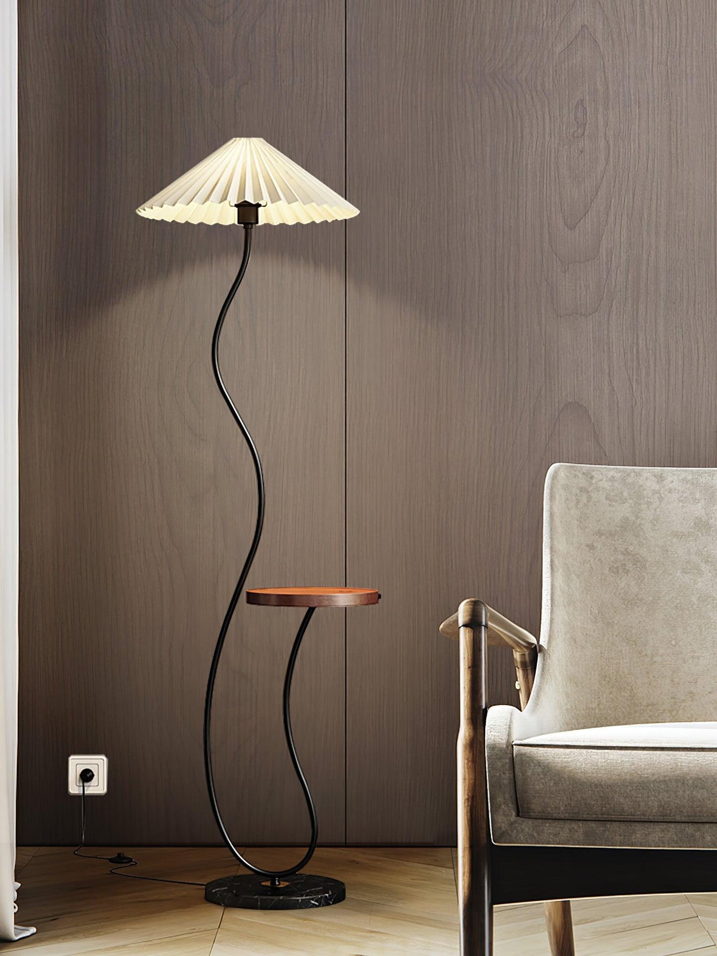 Curvatura Floor Lamp with Wooden Base and Fabric Shade