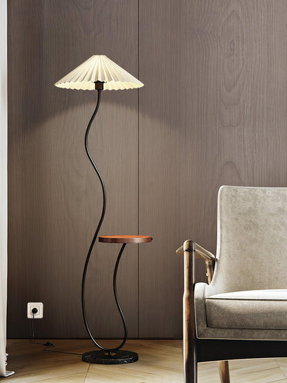 Curvatura Floor Lamp with Wooden Base and Fabric Shade