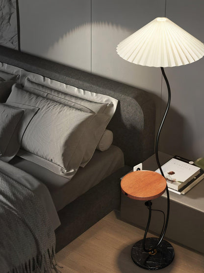 Curvatura Floor Lamp with Wooden Base and Fabric Shade