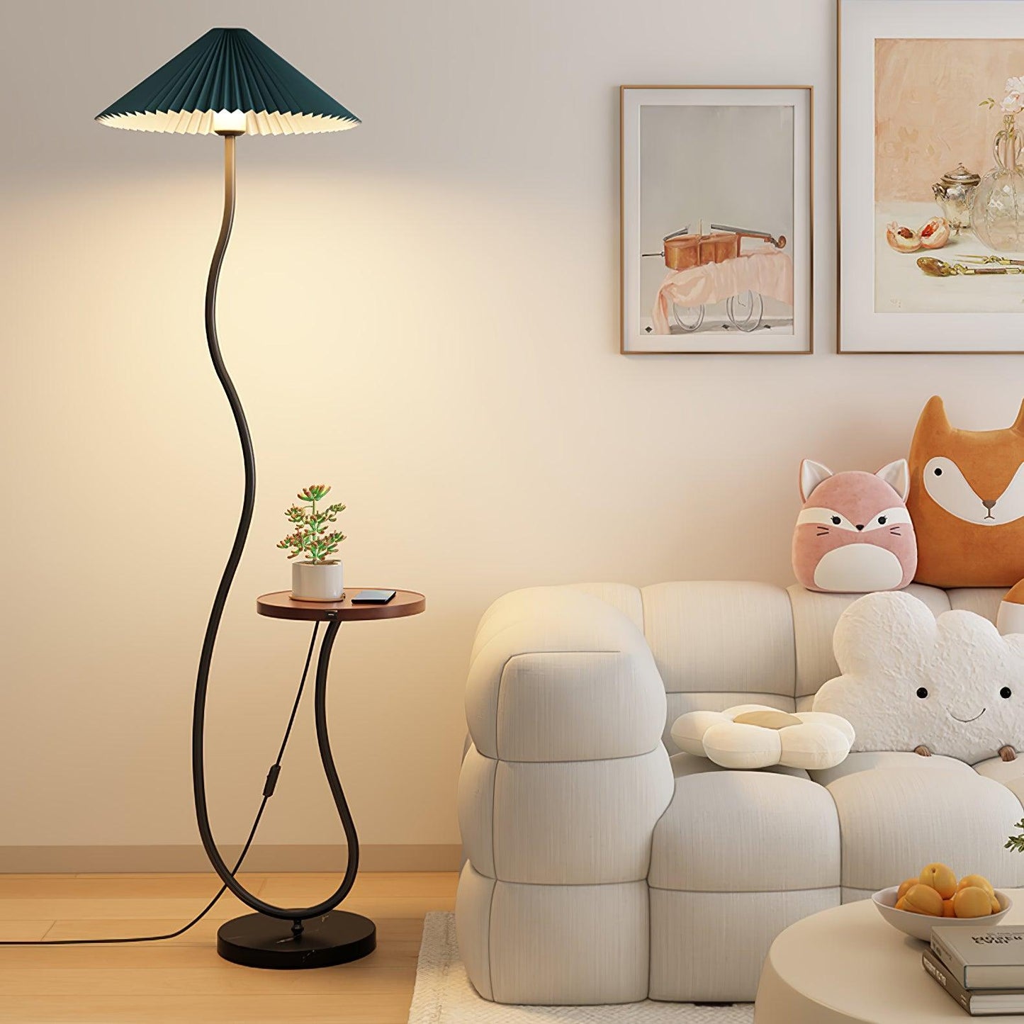 Curvatura Floor Lamp with Wooden Base and Fabric Shade