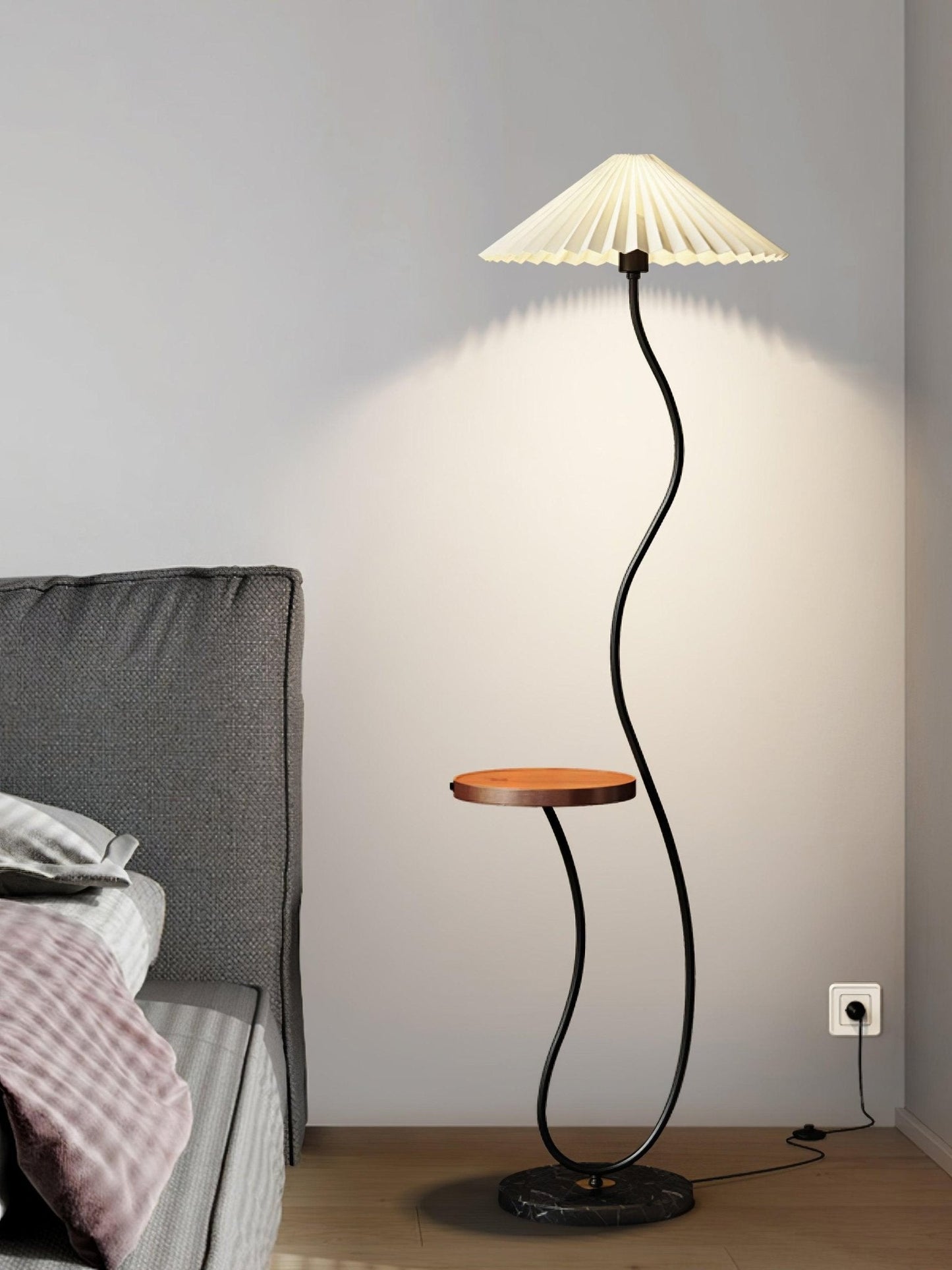 Curvatura Floor Lamp with Wooden Base and Fabric Shade