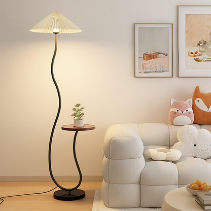 Curvatura Floor Lamp with Wooden Base and Fabric Shade
