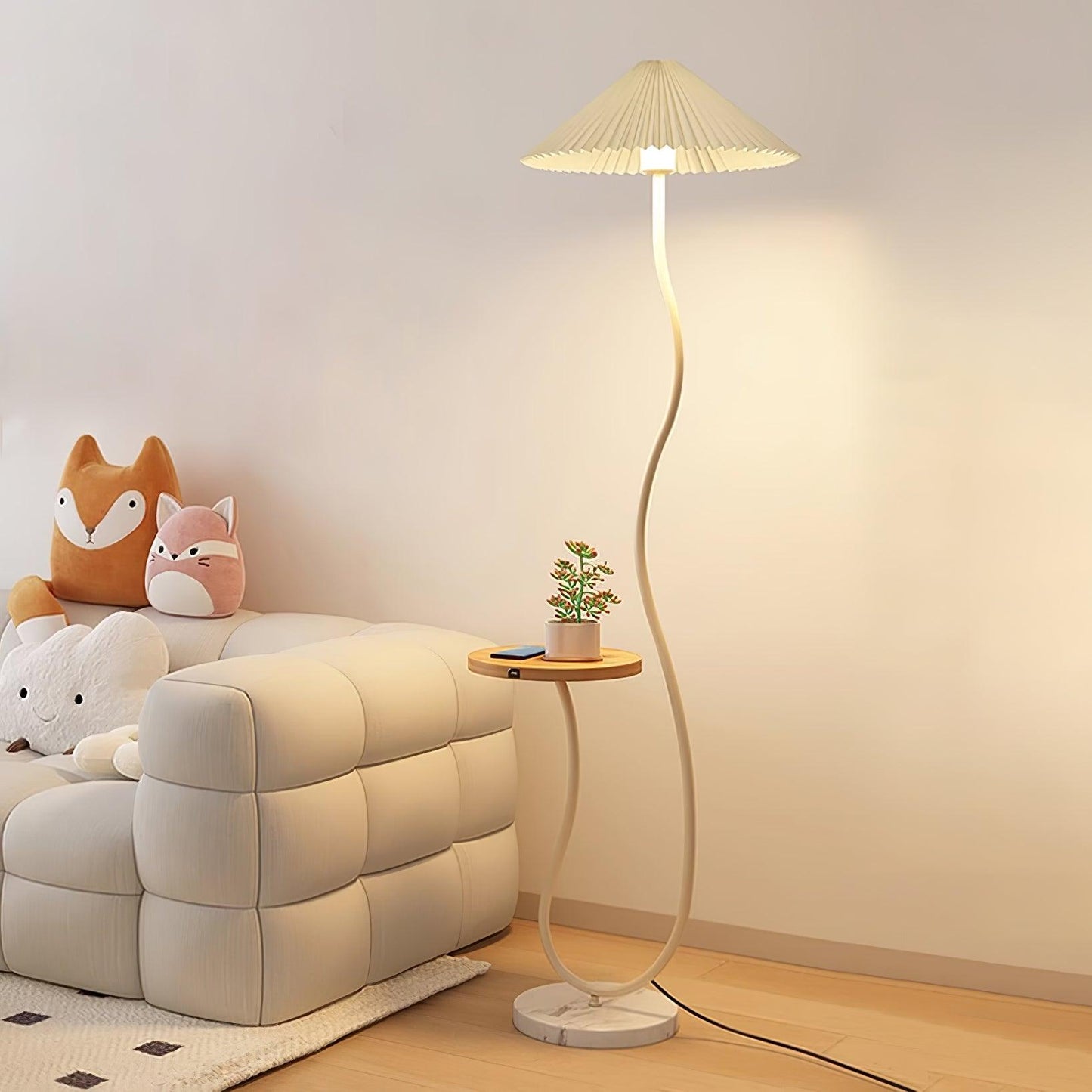 Curvatura Floor Lamp with Wooden Base and Fabric Shade