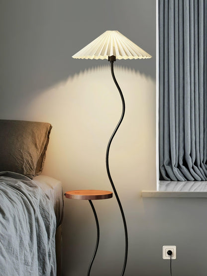 Curvatura Floor Lamp with Wooden Base and Fabric Shade
