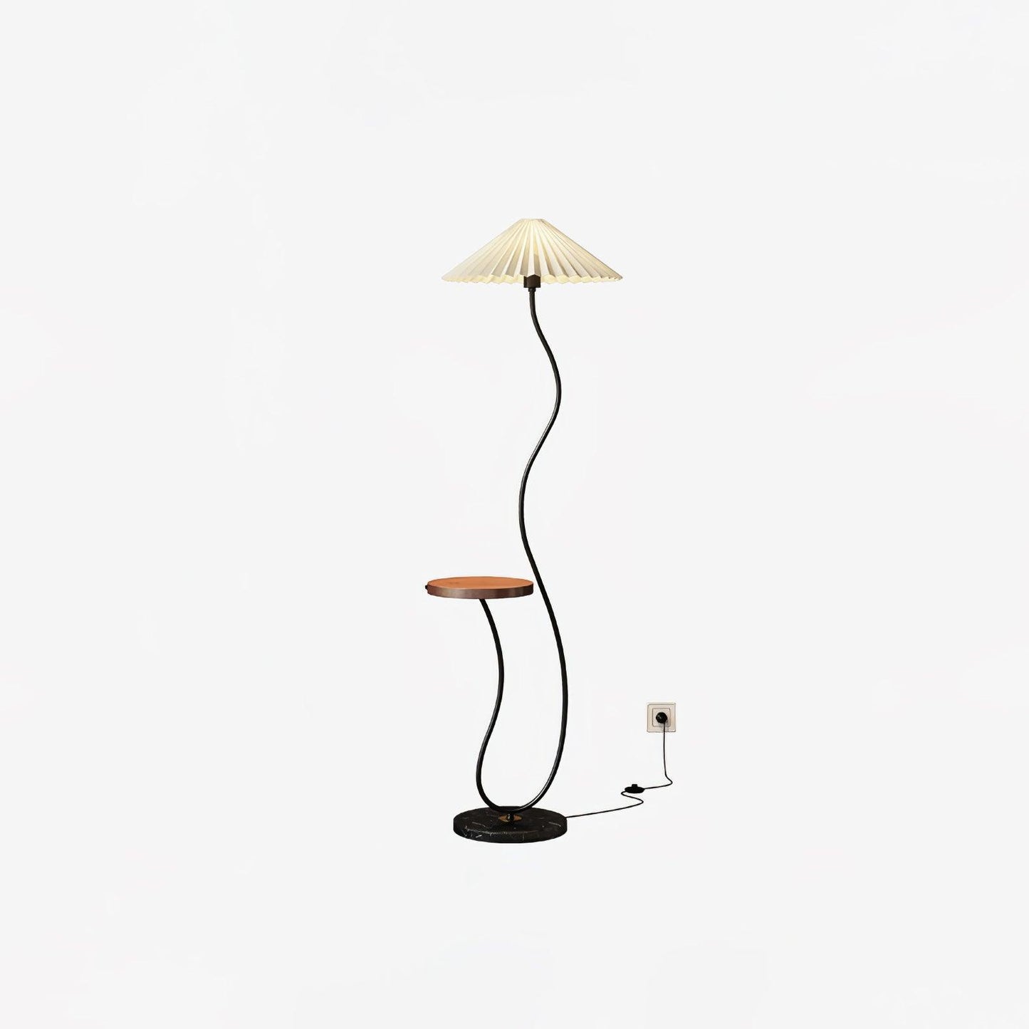 Curvatura Floor Lamp with Wooden Base and Fabric Shade