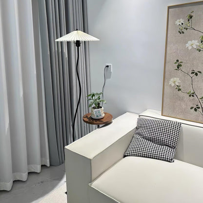 Curvatura Floor Lamp with Wooden Base and Fabric Shade