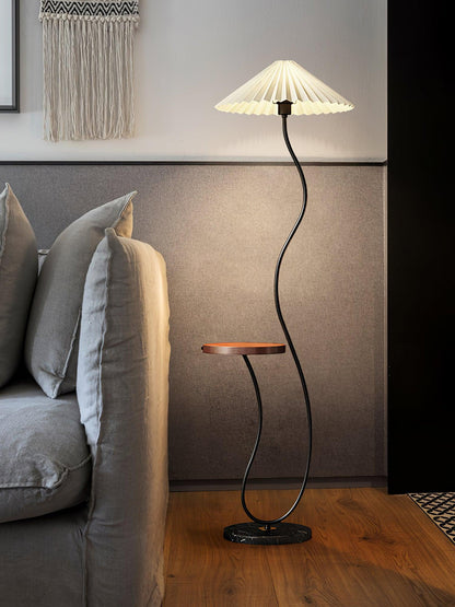 Curvatura Floor Lamp with Wooden Base and Fabric Shade