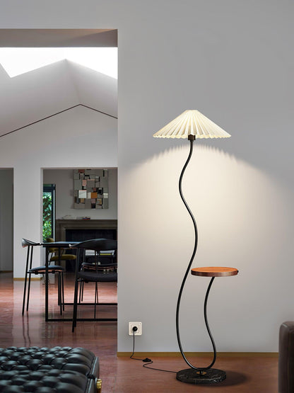 Curvatura Floor Lamp with Wooden Base and Fabric Shade