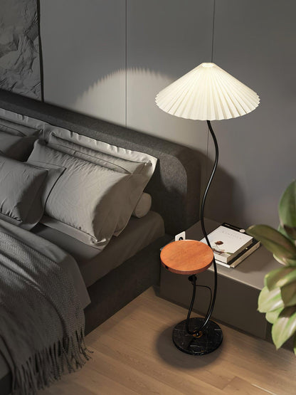 Curvatura Floor Lamp with Wooden Base and Fabric Shade