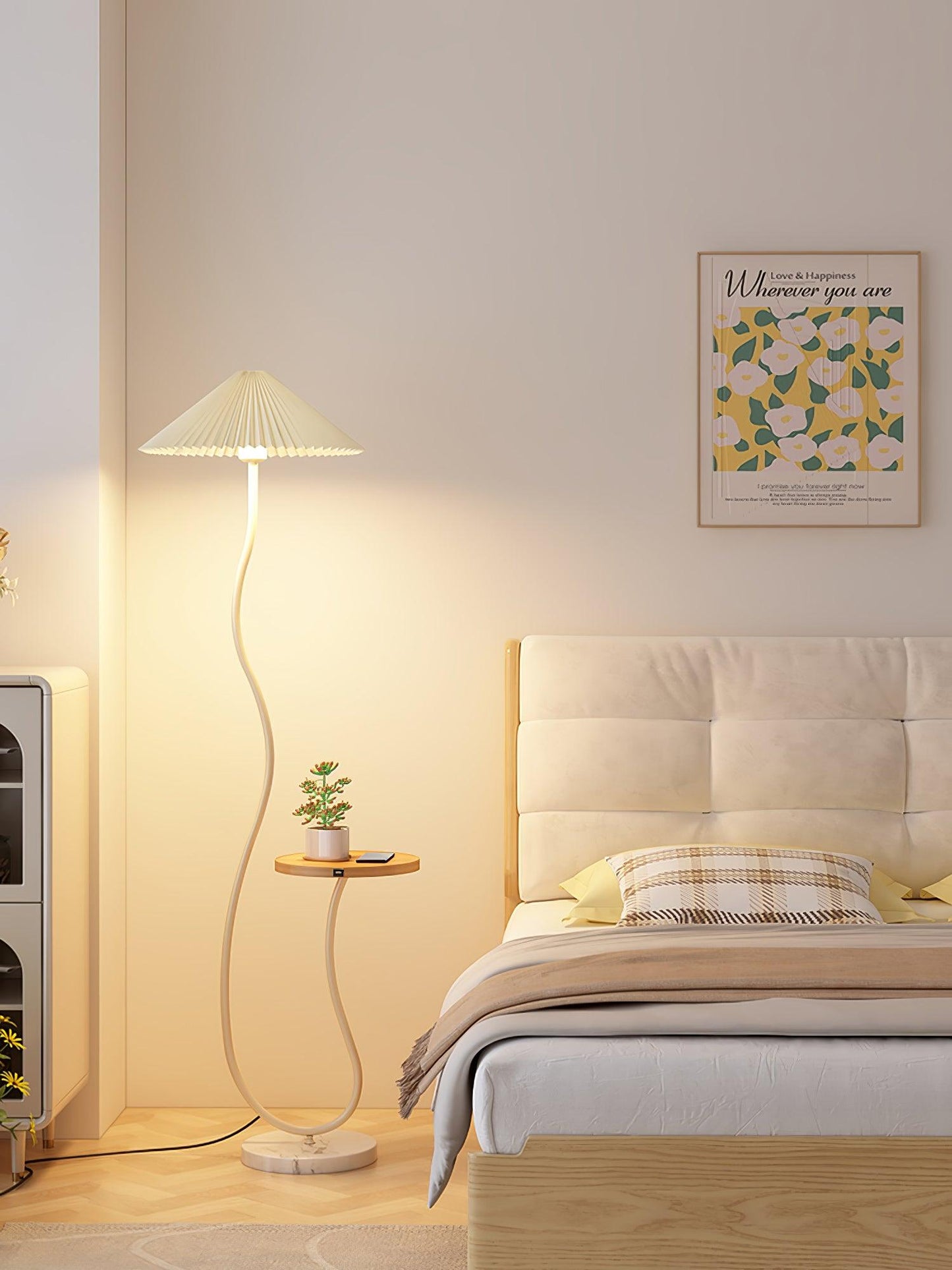 Curvatura Floor Lamp with Wooden Base and Fabric Shade