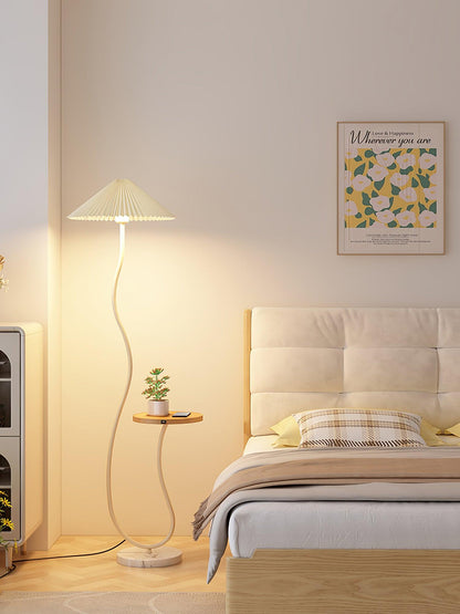 Curvatura Floor Lamp with Wooden Base and Fabric Shade