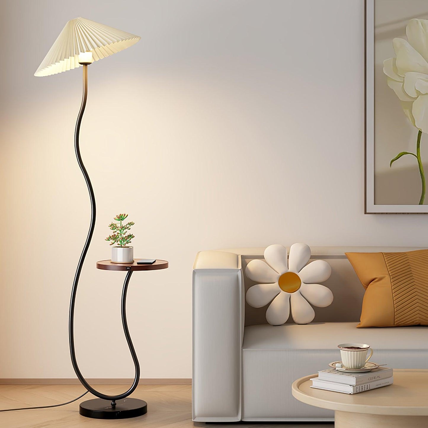Curvatura Floor Lamp with Wooden Base and Fabric Shade