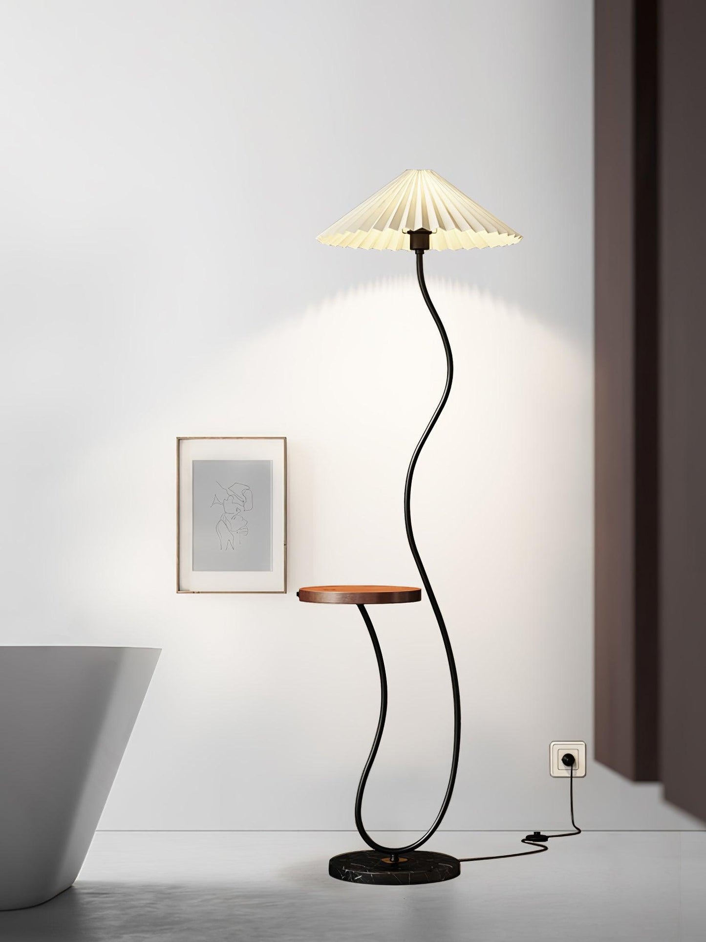 Curvatura Floor Lamp with Wooden Base and Fabric Shade