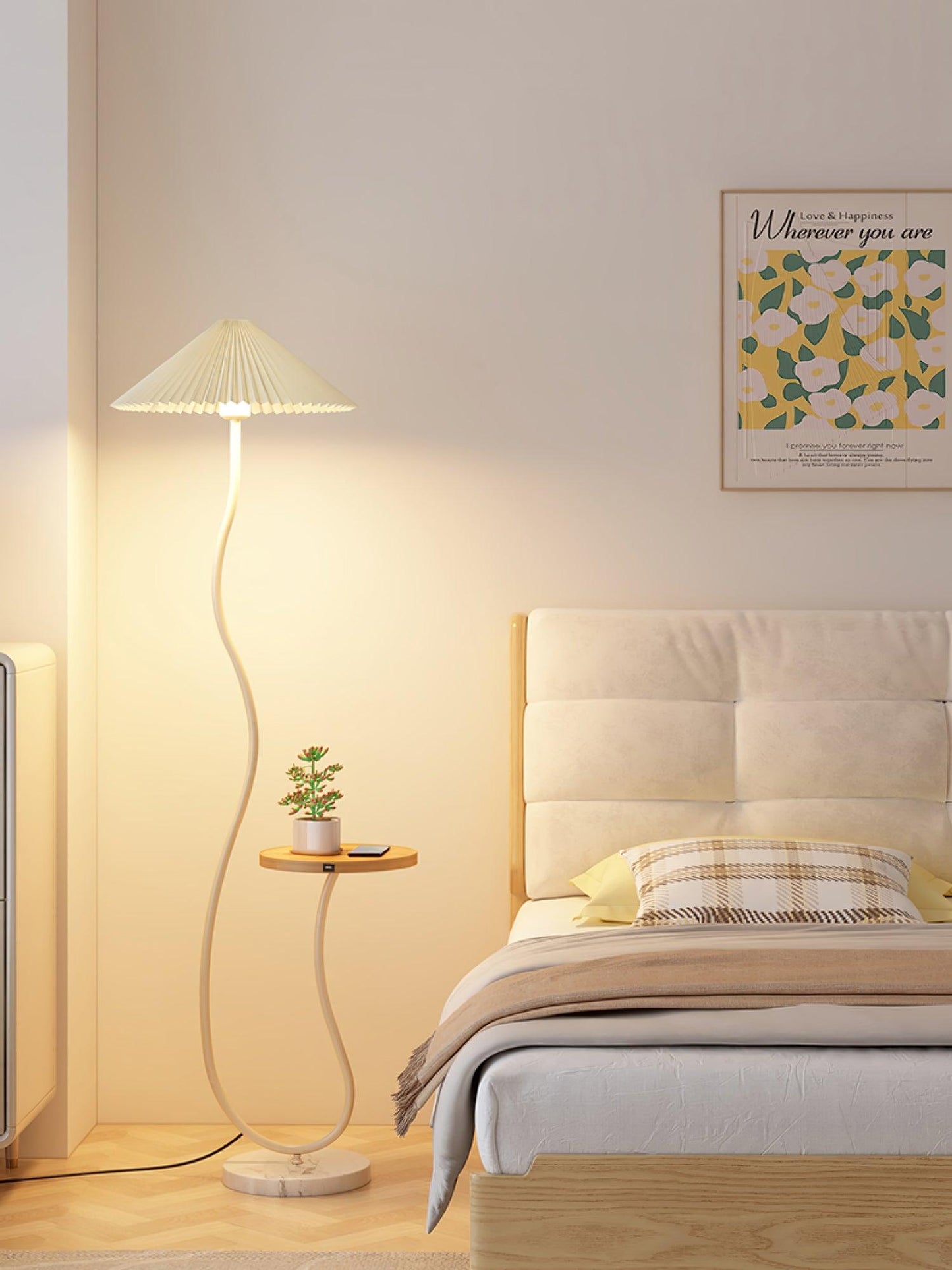 Curvatura Floor Lamp with Wooden Base and Fabric Shade