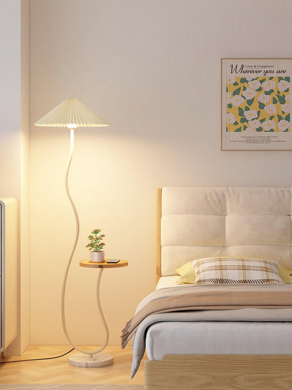 Curvatura Floor Lamp with Wooden Base and Fabric Shade