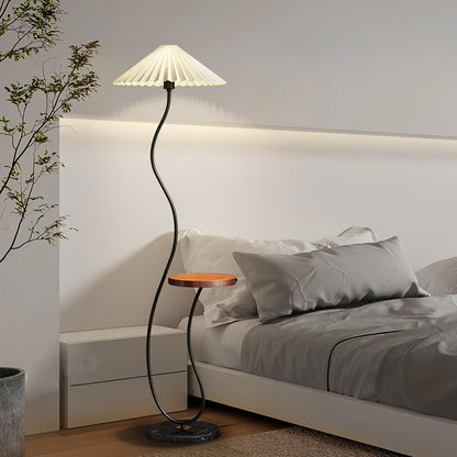 Curvatura Floor Lamp with Wooden Base and Fabric Shade
