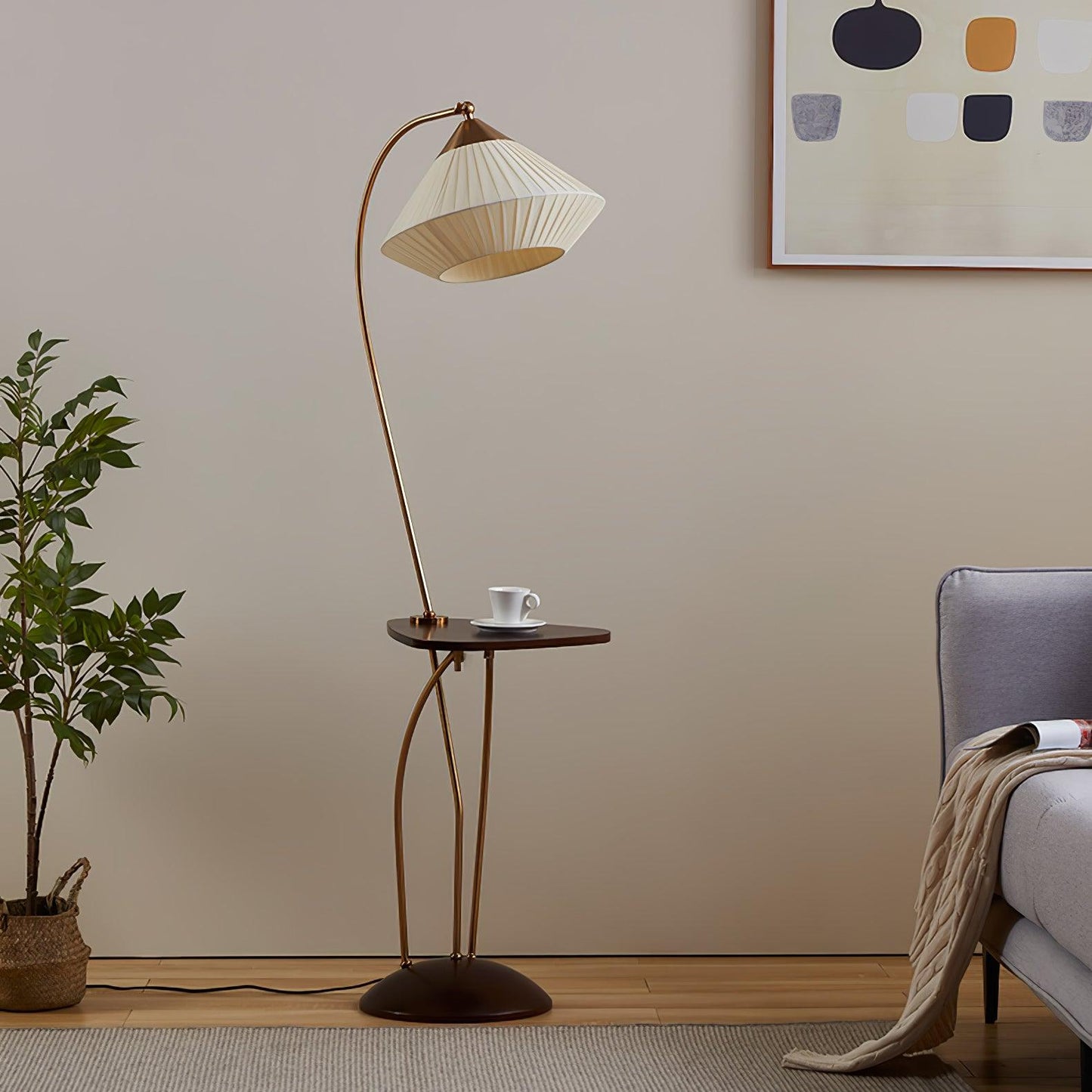 Curve With Table Floor Lamp - Adjustable LED Light, Black