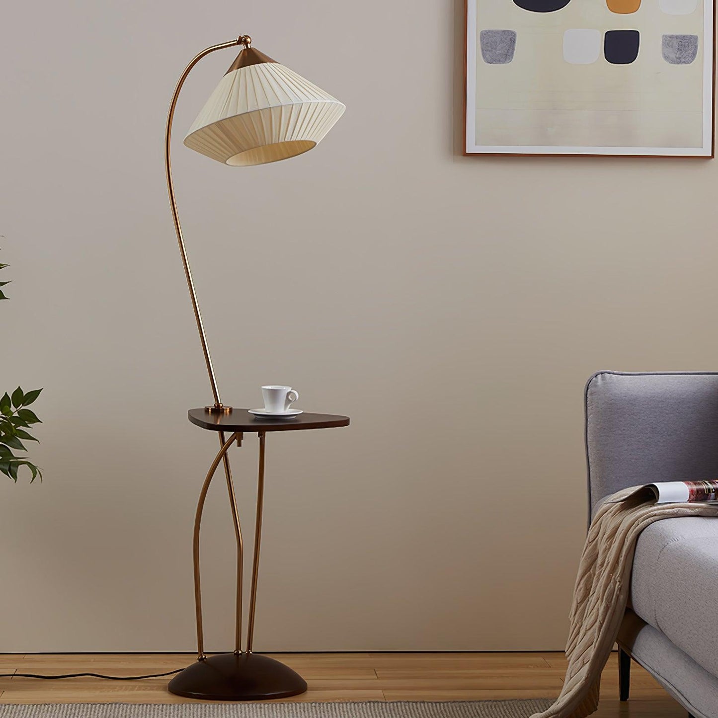 Curve With Table Floor Lamp - Adjustable LED Light, Black