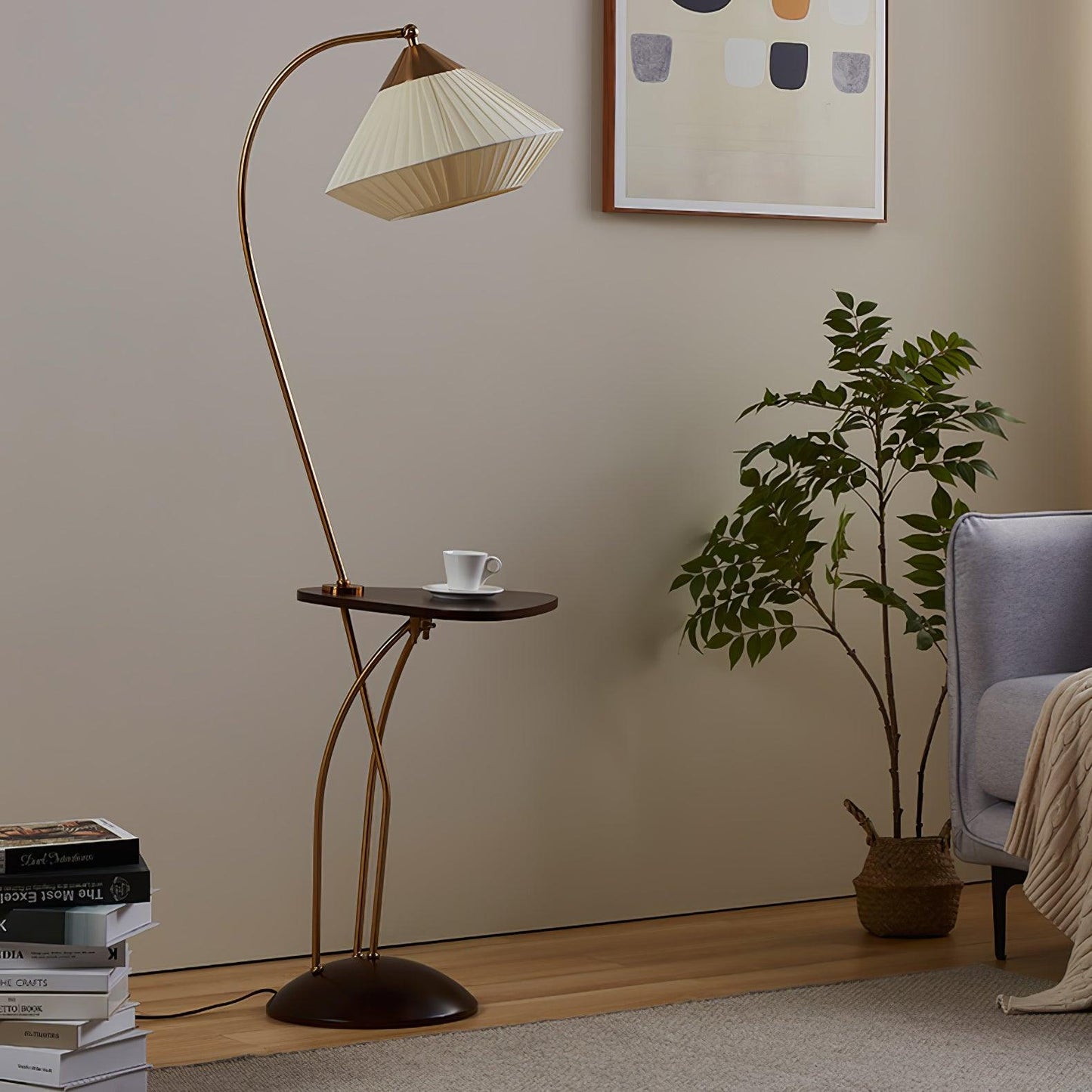 Curve With Table Floor Lamp - Adjustable LED Light, Black