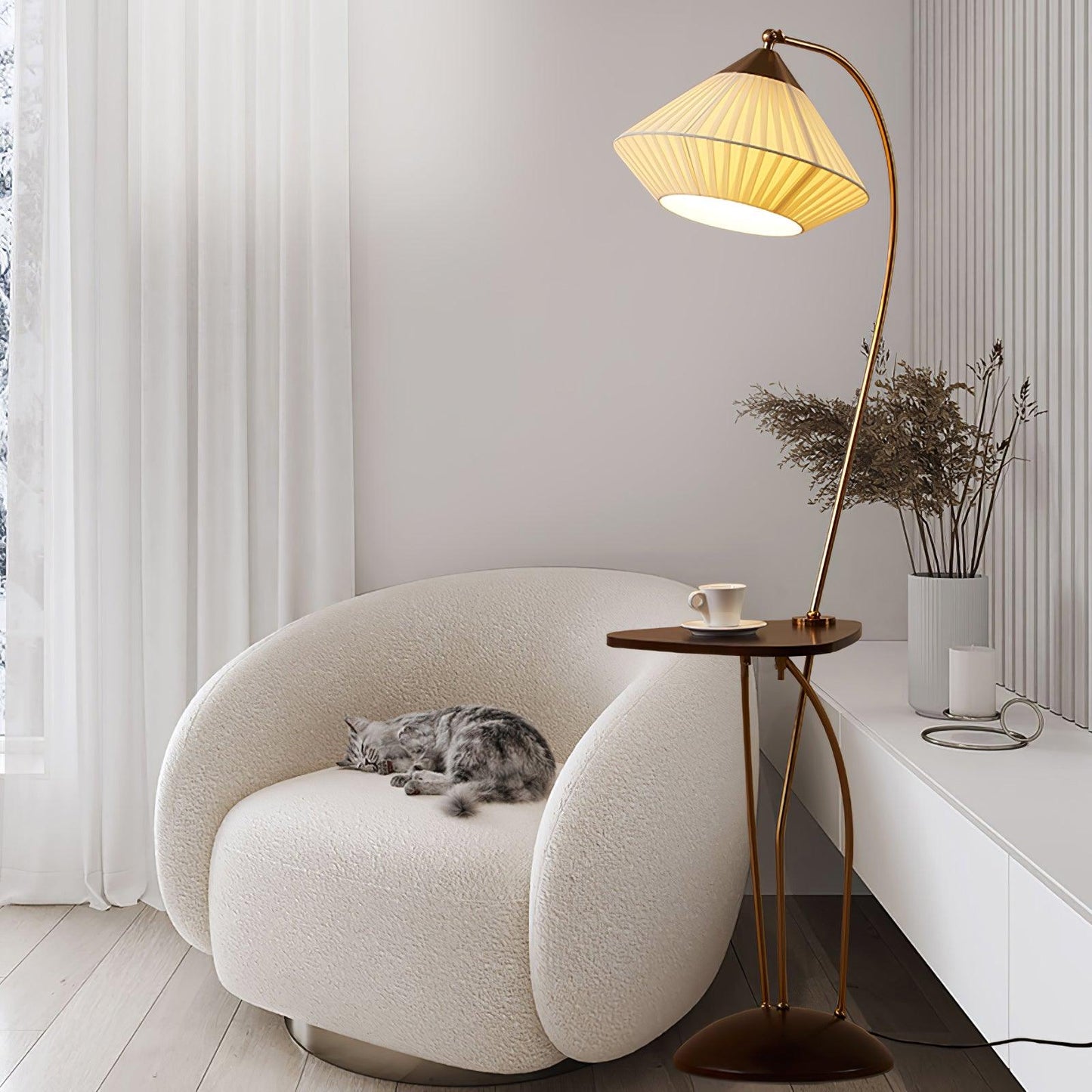 Curve With Table Floor Lamp - Adjustable LED Light, Black