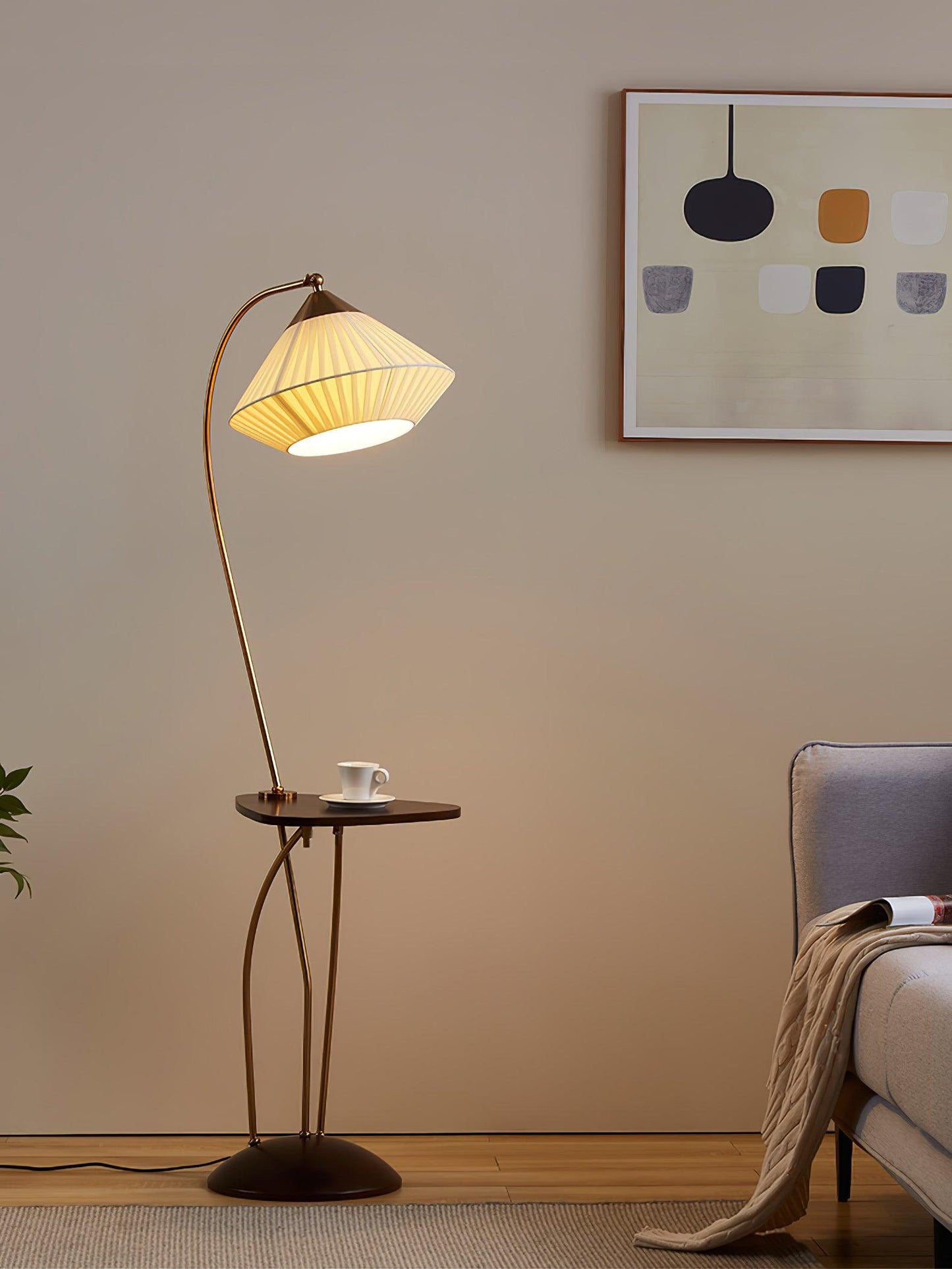 Curve With Table Floor Lamp - Adjustable LED Light, Black