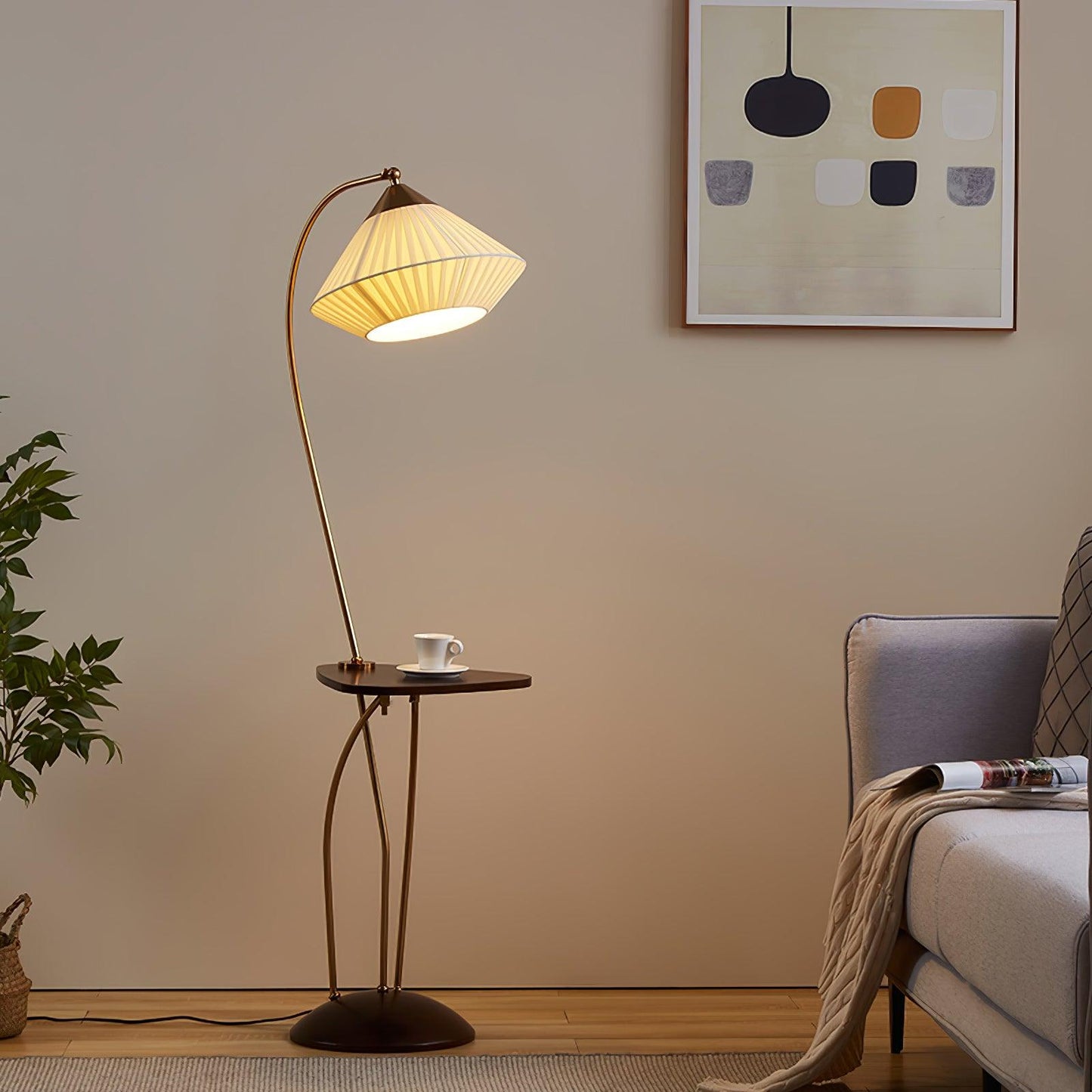 Curve With Table Floor Lamp - Adjustable LED Light, Black