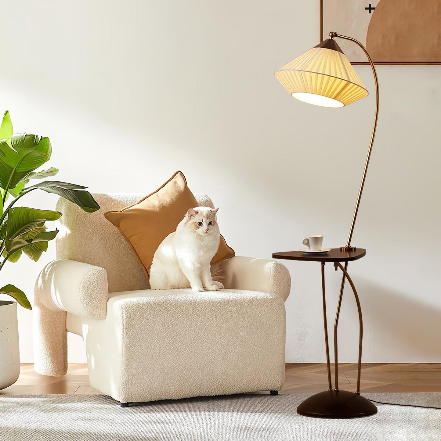 Curve With Table Floor Lamp - Adjustable LED Light, Black
