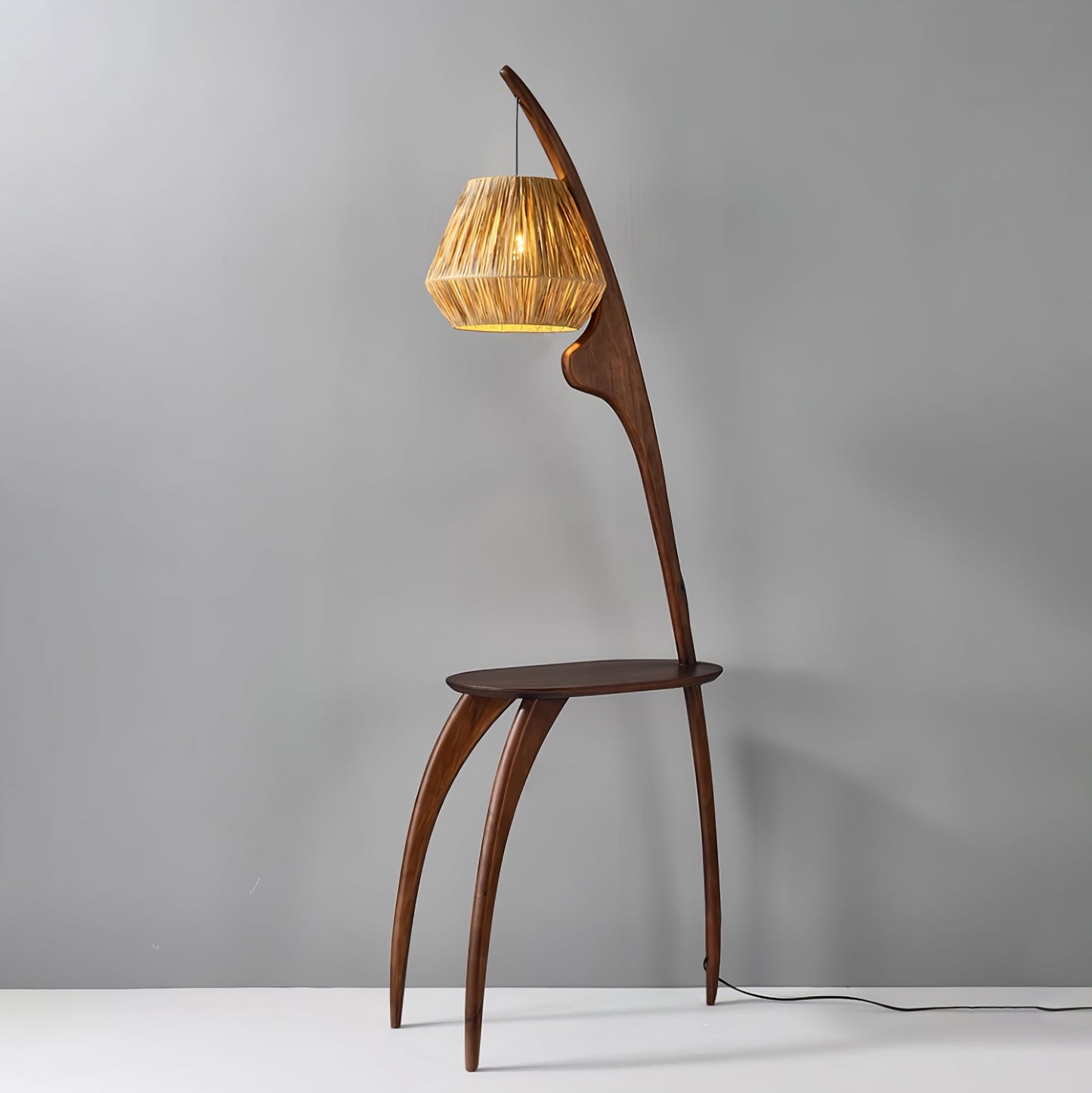 Curved Mantis Arm Floor Lamp with Amber Glass Shade
