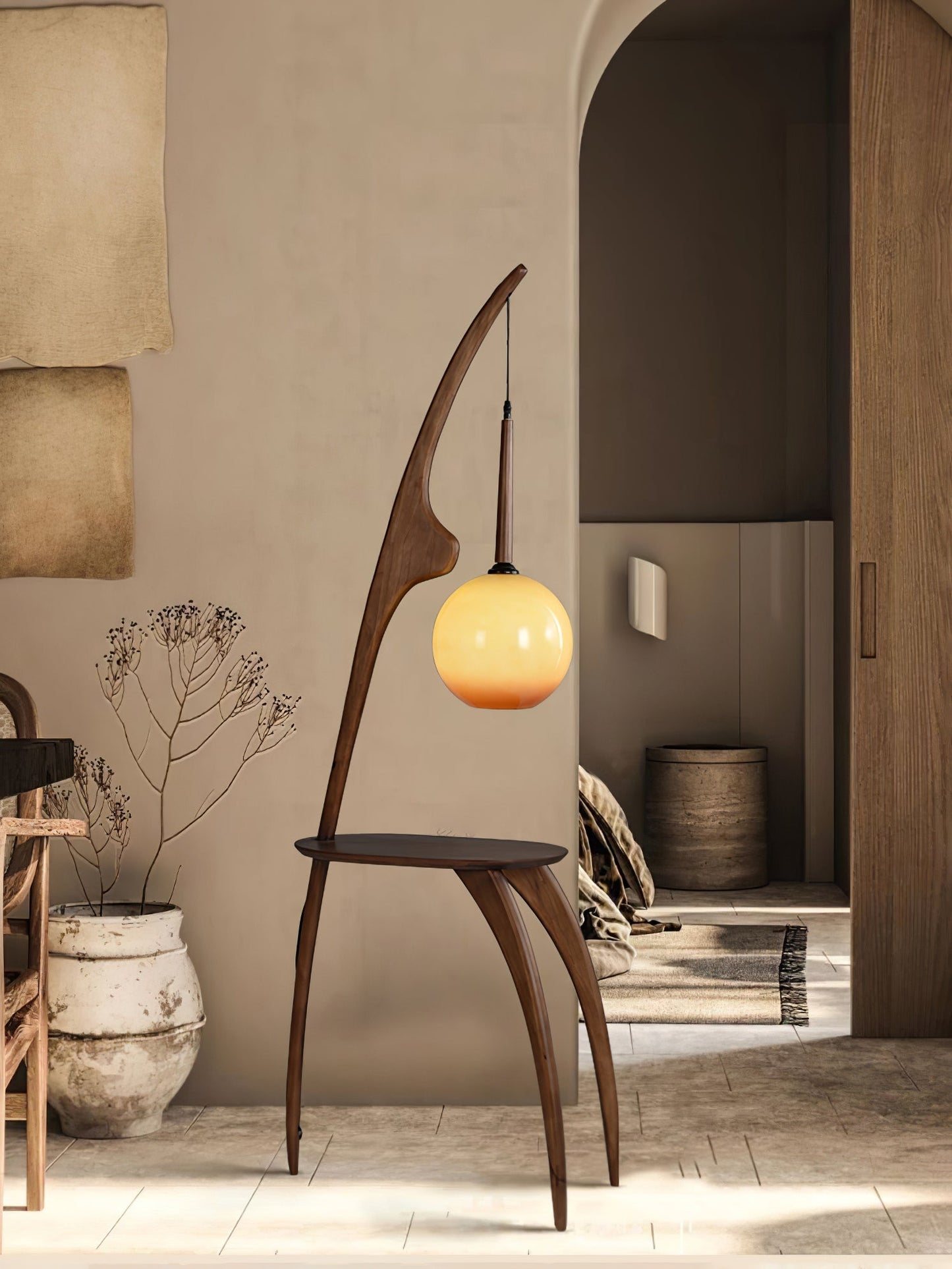 Curved Mantis Arm Floor Lamp with Amber Glass Shade