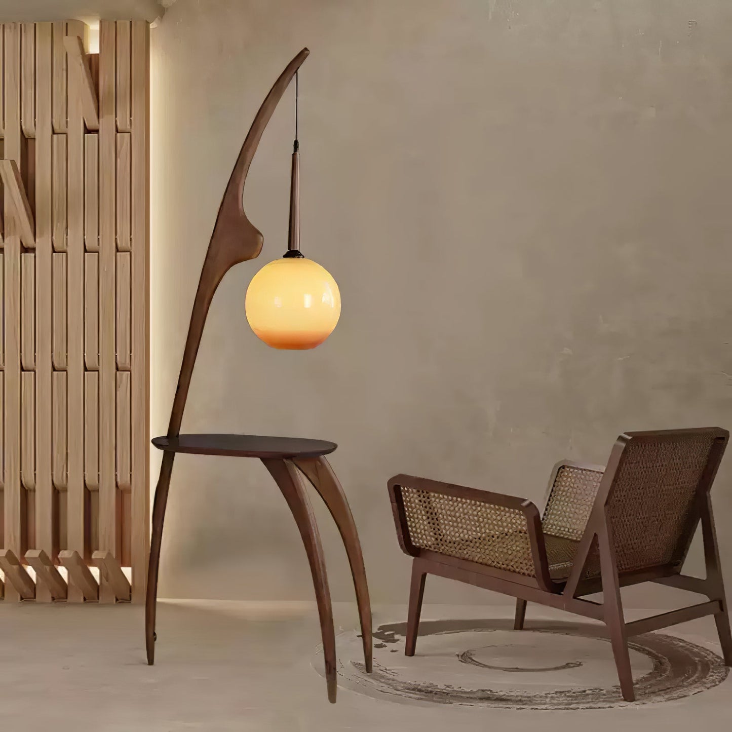 Curved Mantis Arm Floor Lamp with Amber Glass Shade