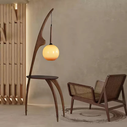 Curved Mantis Arm Floor Lamp with Amber Glass Shade