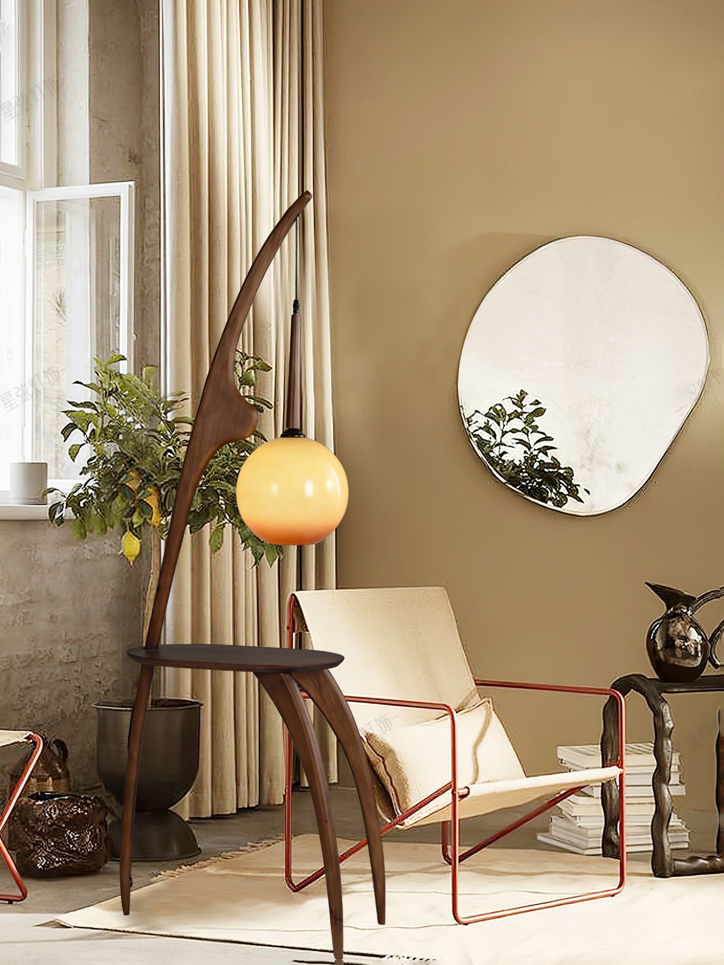 Curved Mantis Arm Floor Lamp with Amber Glass Shade