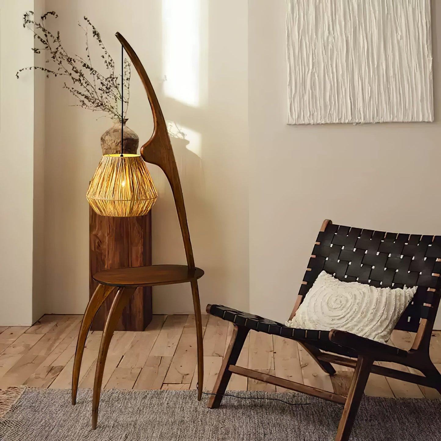 Curved Mantis Arm Floor Lamp with Amber Glass Shade