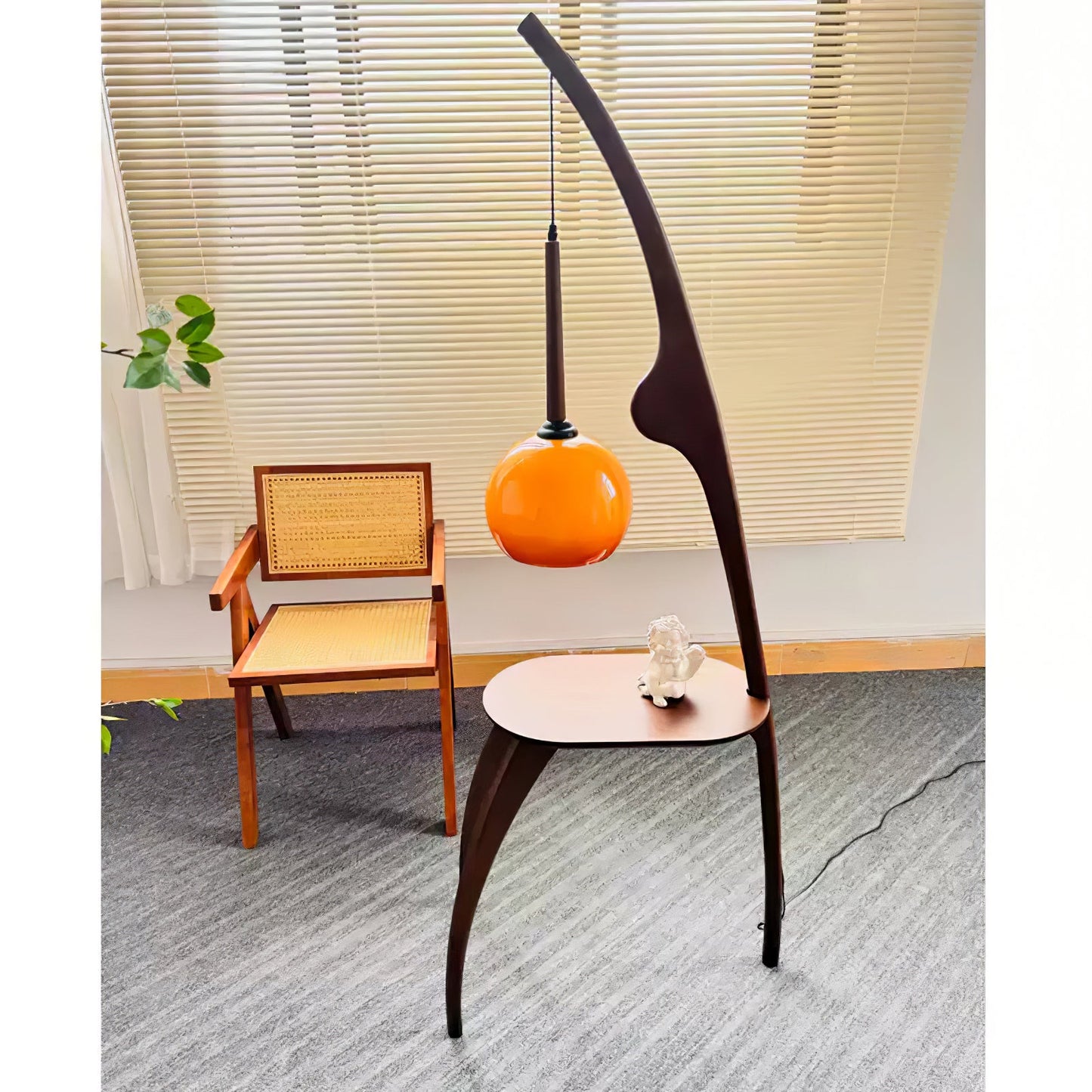 Curved Mantis Arm Floor Lamp with Amber Glass Shade