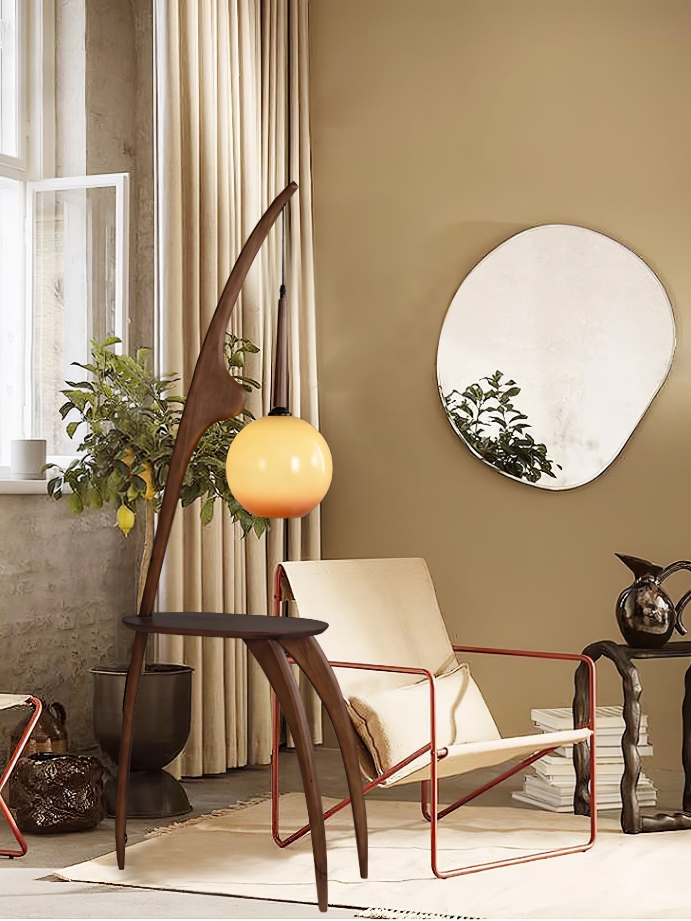 Curved Mantis Arm Floor Lamp with Amber Glass Shade