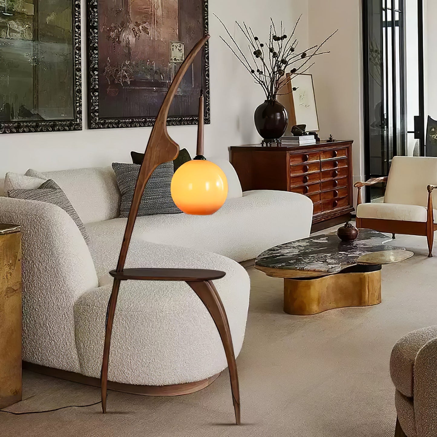 Curved Mantis Arm Floor Lamp with Amber Glass Shade