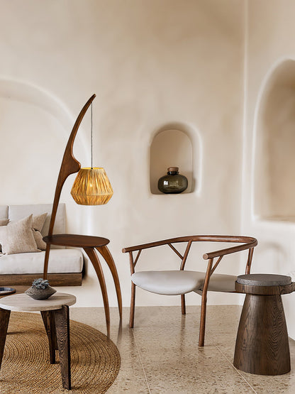 Curved Mantis Arm Floor Lamp with Amber Glass Shade
