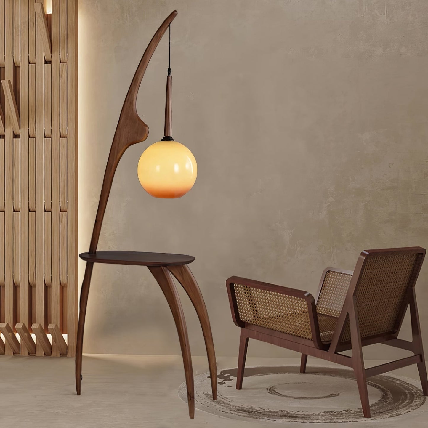 Curved Mantis Arm Floor Lamp with Amber Glass Shade