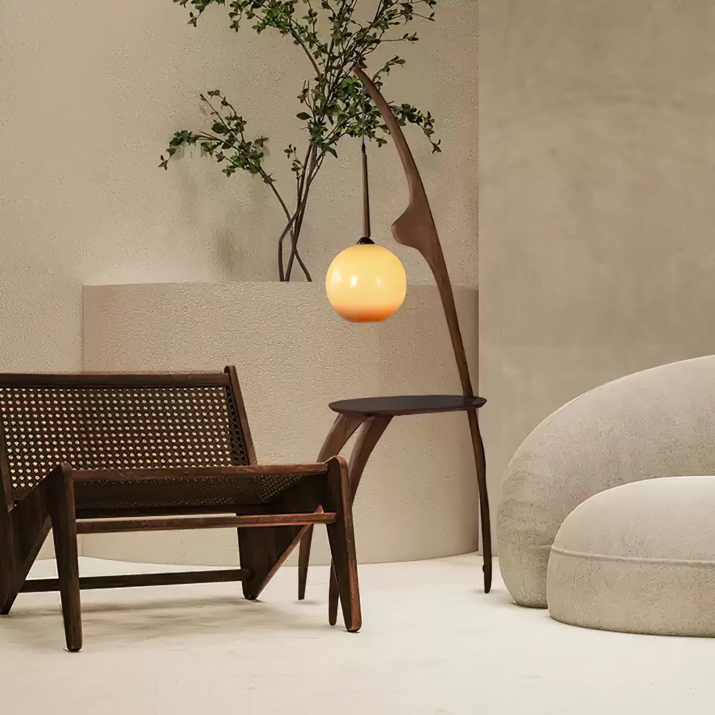 Curved Mantis Arm Floor Lamp with Amber Glass Shade
