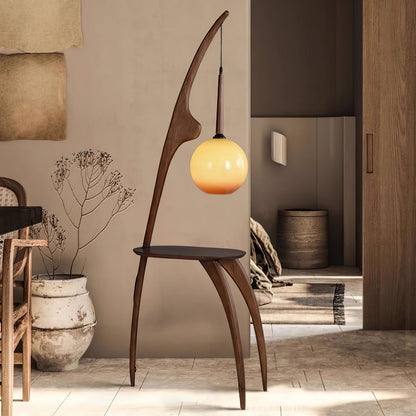 Curved Mantis Arm Floor Lamp with Amber Glass Shade