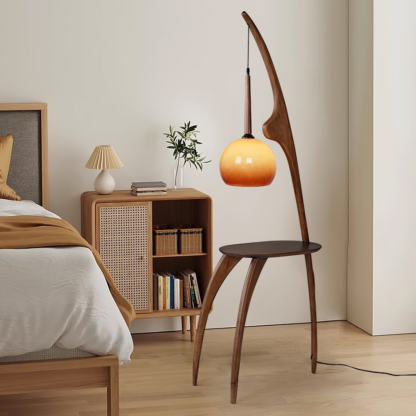Curved Mantis Arm Floor Lamp with Amber Glass Shade