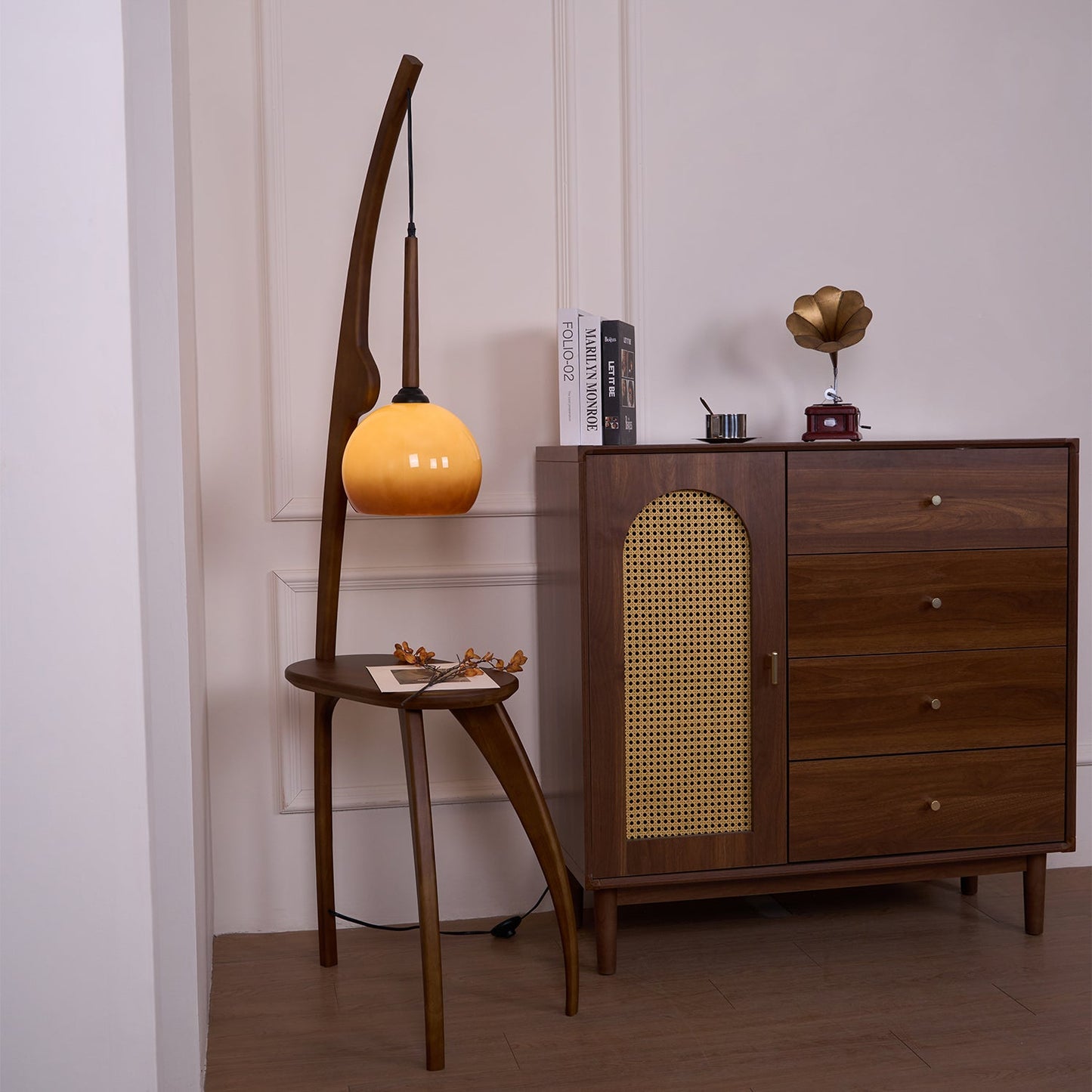 Curved Mantis Arm Floor Lamp with Amber Glass Shade