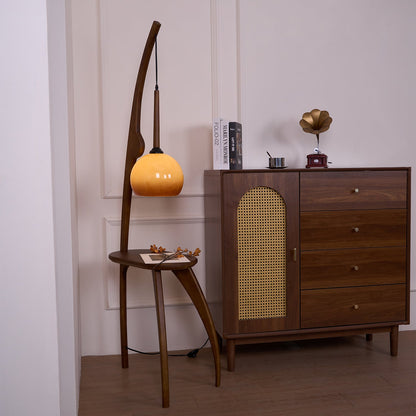 Curved Mantis Arm Floor Lamp with Amber Glass Shade