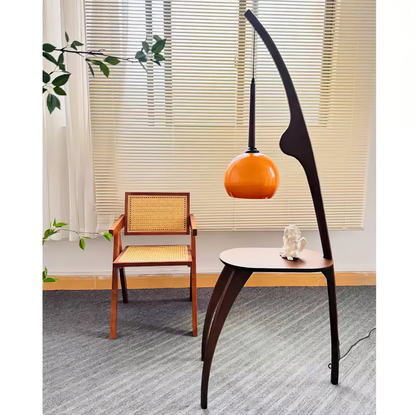 Curved Mantis Arm Floor Lamp with Amber Glass Shade